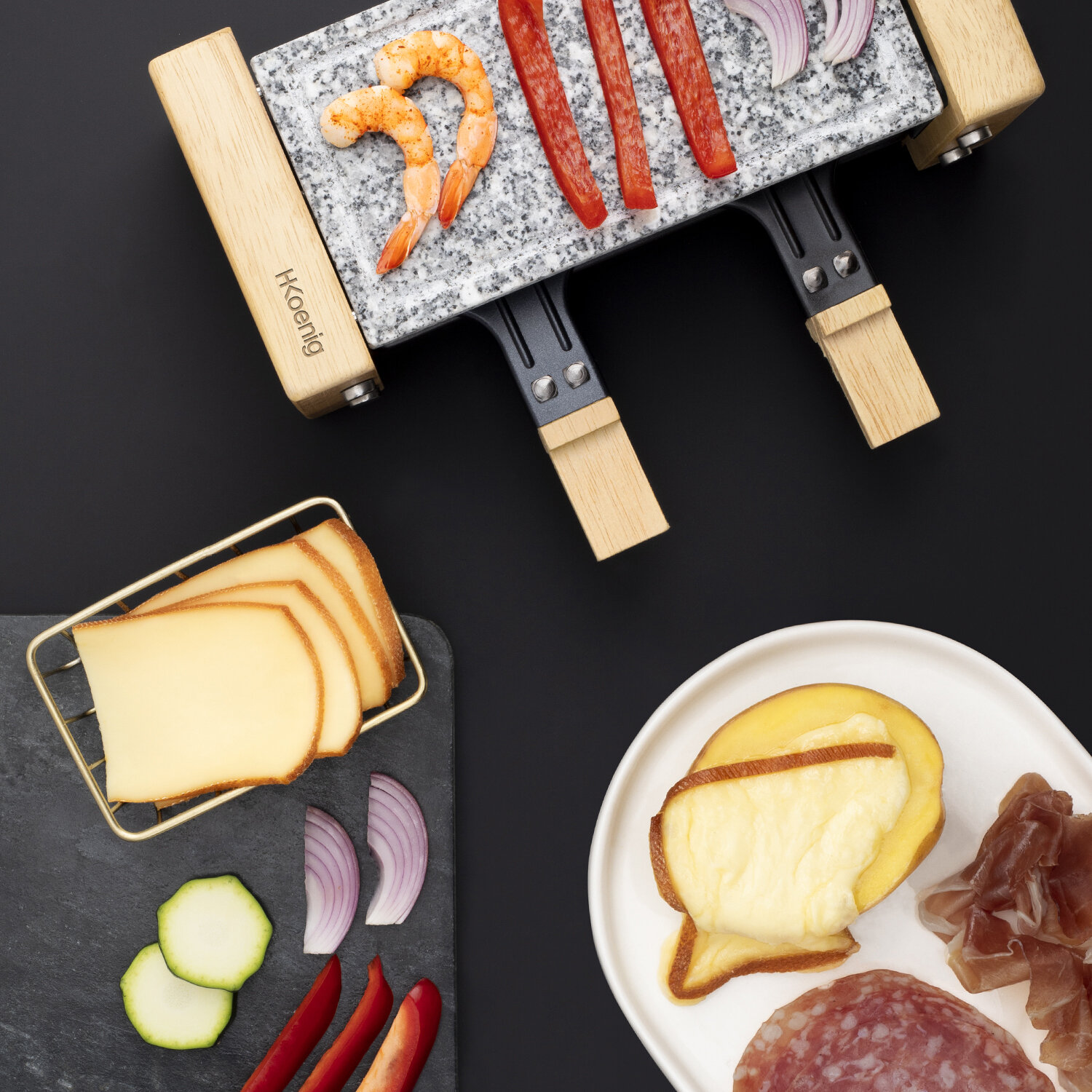 raclette de madera con placa de piedra natural para 2 personas